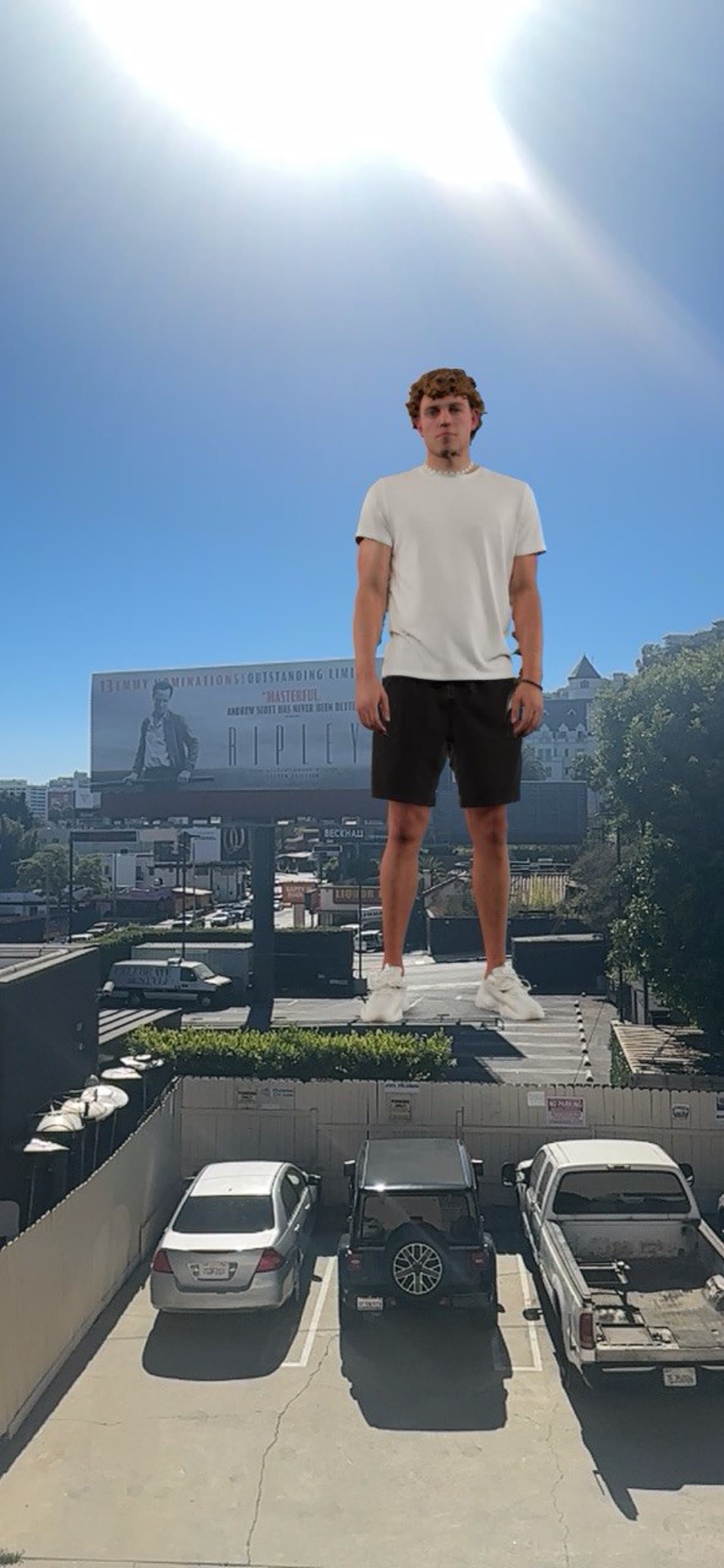 A giant-scale DIGISHOT composited over a city parking lot